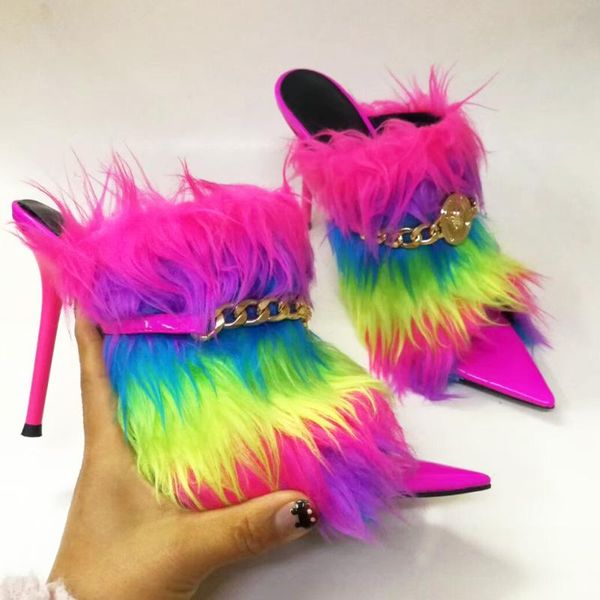 

new rainbow fur feather high heels mules women metal chain decor sandals runway design peep toe summer dress shoes, Black