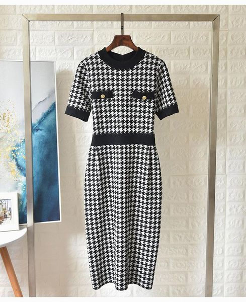 

дизайнер осень зима с коротким рукавом вязание платье женская винтаж хаундстут толстый шерстяной свитер миди платья ins взлетно посадочной п, Black