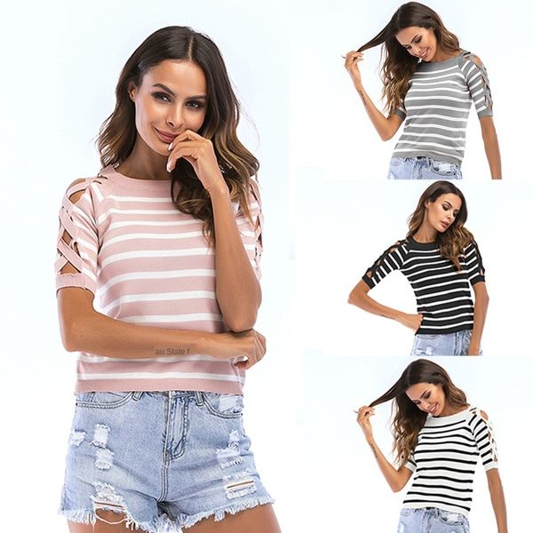 

женская дизайнерская летняя круглая шея полосатая вязаная нижняя рубашка с коротким рукавом полый пуловер свитер тонкий разрез свободный, White;black