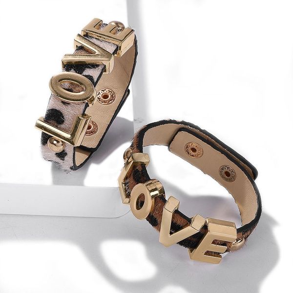

fashion leopard leather bracelet for women daily accessories 2019 metal letter narrow charm bracelet wholesale, Golden;silver