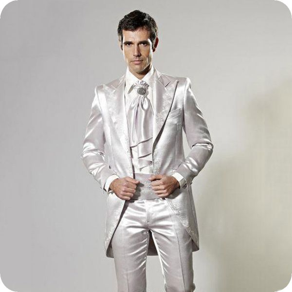 Moda Shinny Prata Cinza / Golden Tailcoat Bordados Noivo Smoking Homens Prom / Jantar Groomsmen Wedding Tuxedos ((Jacket + Calças + Tie + Cinturão) 316