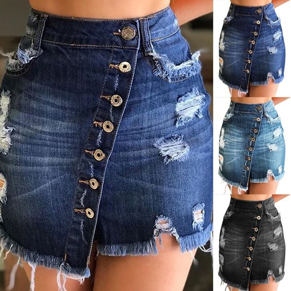 

summer plus size shorts button true hold women's denim mini skirt women's blue ripped casual distressed bodycon short jean skirt 41*