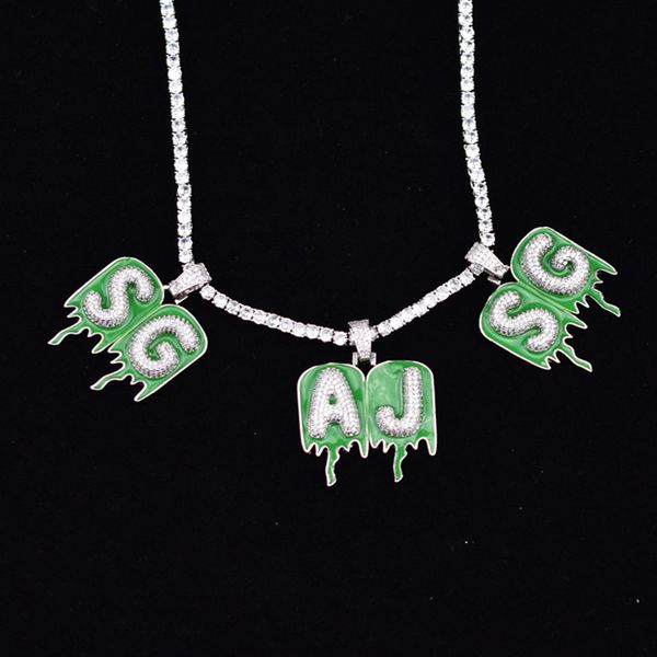 

a-z custom name green epoxy bubble drop letter chain necklaces & pendant zircon men's hip hop jewelry with 18" 20mm width cuban li, Silver