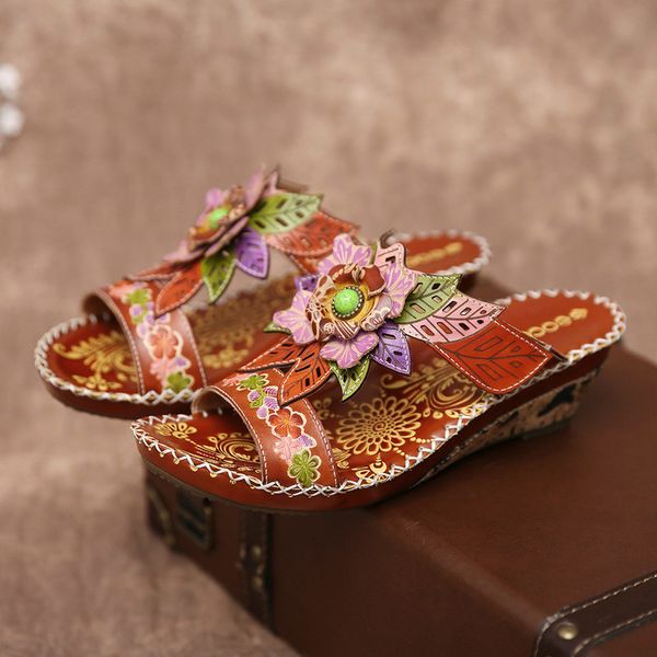 

slippers women summer mid heels wedges shoes woman slides vintage pu leather plus size ethic sandalias mujer sapato femininod897, Black