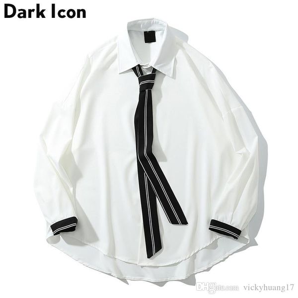 

dark icon color contrast sleeve cuff loose shirt with tie oversized street men's shirt long sleeve drop shoulder shirts man, White;black