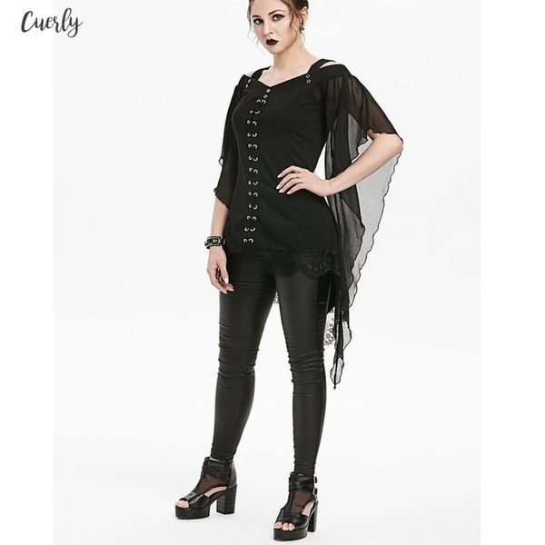 

women tunic long sleeve women gothic criss cross lace insert butterfly sleeve shirt plus size 2, White