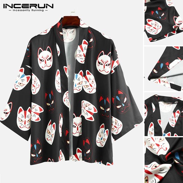 

men's casual shirts incerun men long sleeve printed vintage cat pattern floral cardigan outwear loose kimono man korean clothes, White;black