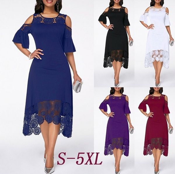 

women plus size summer lace floral dress ladies short ruffles sleeve off cold shoulder o neck party dress long maxi 5xl, Black;gray
