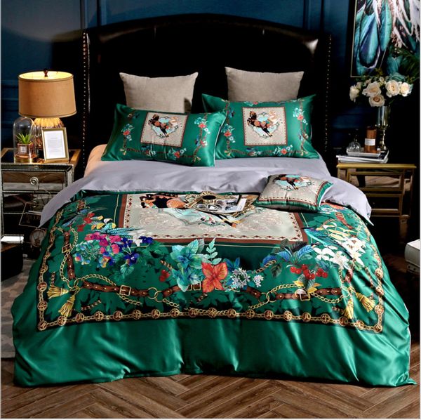 

super luxury european style king  silk green horse h bedding set fashion bed duvet cover set brand design oil print bedding sets