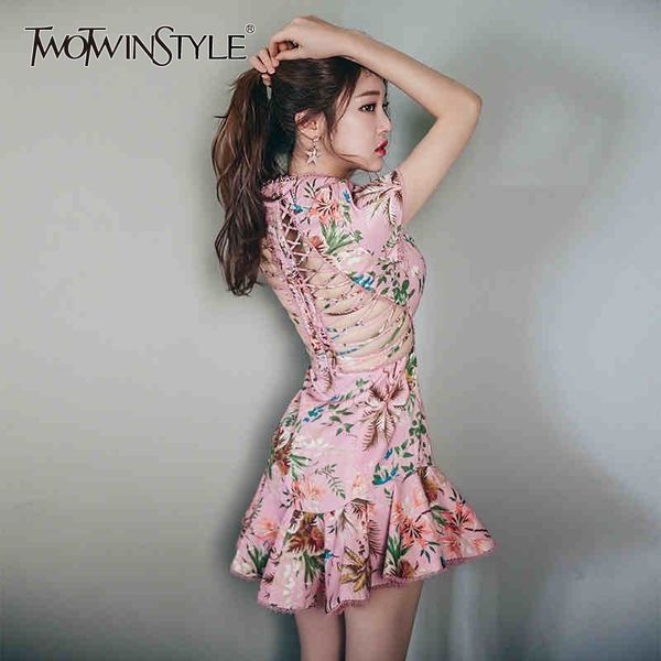 

twotwinstyle print women dress o neck short sleeve back hollow out bandages slim ruffles mini dresses female spring fashion, Black;gray