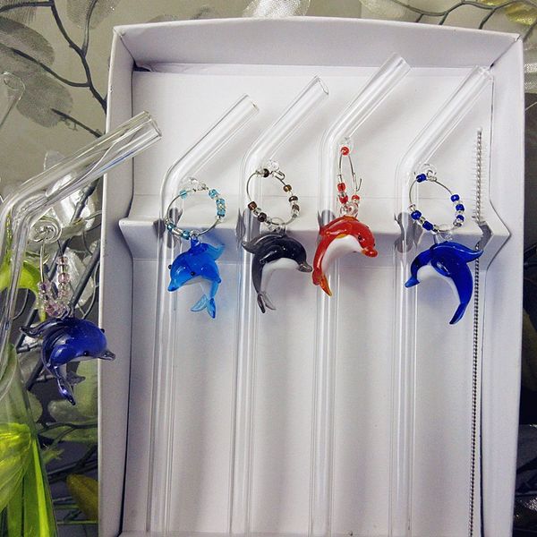 

high boron silicon hand blown glass straw creative glass dolphin figurines pendant heat resistant bar drinking bending straw