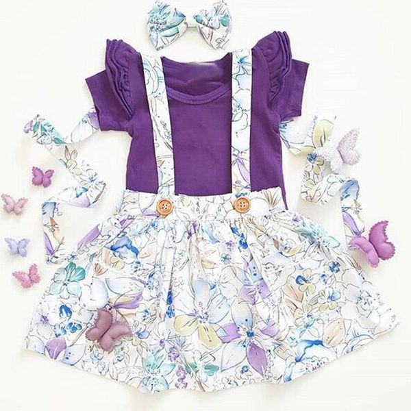 

3pcs infant baby girls clothing set 2020 summer flying sleeves romper+suspender skirt+headband newborn baby clothes outfits, White