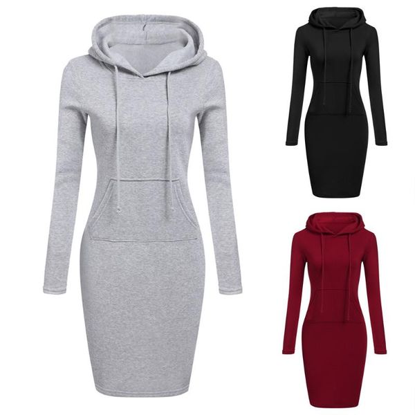 

women dress streetwear long sleeve solid tight fitting autumn winter casual dress women sweatshirt clothing hooded drawstring, Black;gray