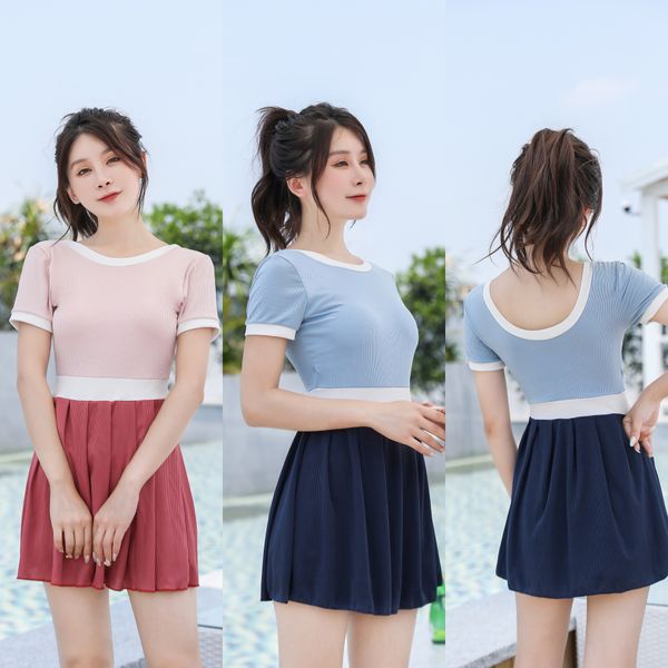 

20220 women's swimming temperament skirt slim conservative swimsuit flat angle student swimsuit special fabric, White;black