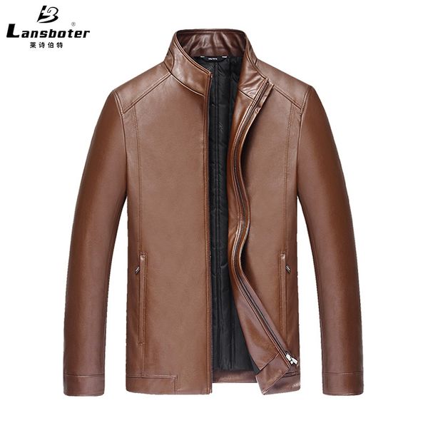 

lansboter brand 2019 autumn and winter new style men's leather coat youth stand collar leather down feather liner casual, Black