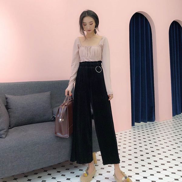 

focal20 streetwear solid velvet pleated women pants high waist wide lag female trousers ring loose spring autumn lady bottoms, Black;white