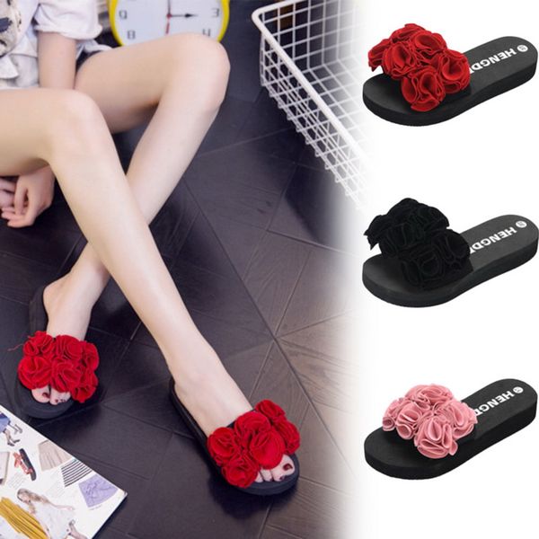 

summer women's slippers platform sandals slip on flats casual shoes woman beach flip flops flowers women shoes, Black