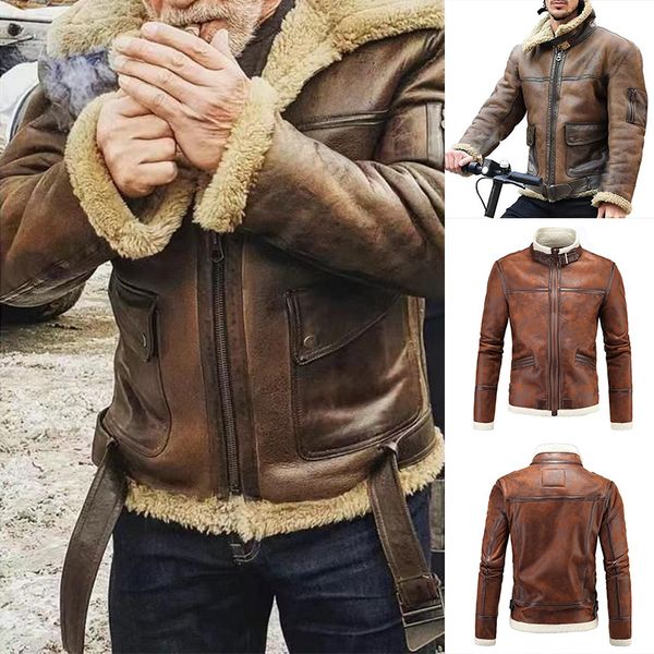 

high-quality men's jacket pu leather outerwear lapel motorcycle jacket 2019 autumn winter warm thick casual multi-pocket coat, Black;brown