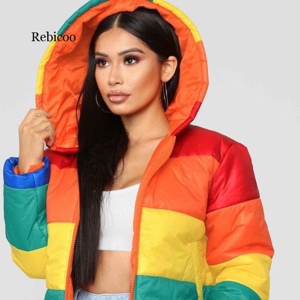 

rainbow print warm puffer jacket patchwork winter bubble coat women parkas, Black