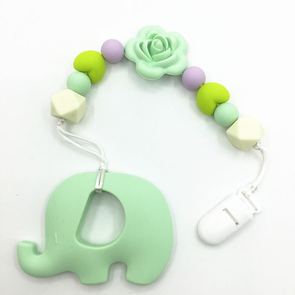 

2016 silicone pacifier rose flower clip with new elephant teether silicone heart beads teething clip bpa for teething baby, Silver