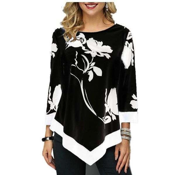 

shirt women spring autumn printing o-neck blouse 3/4 sleeve casual hem irregularity female fashion shirt plus size, White