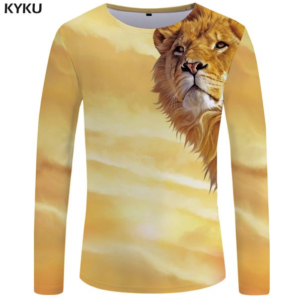 

kyku lion long t-shirt men yellow animal t shirt space 3d print t shirt hip hop long sleeve punk rock mens clothing new, White;black