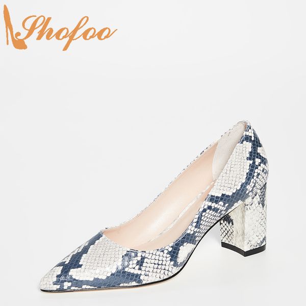 

snakeskin embossed pointed toe high chunky heels pumps woman slip on large size 11 13 15 ladies footwear fashion shoes shofoo, Black