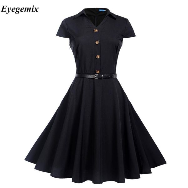 

2019 elegant black dresses short sleeve robe big swing retro dress casual party rockabilly 50s 60s vintage women clothing, Black;gray