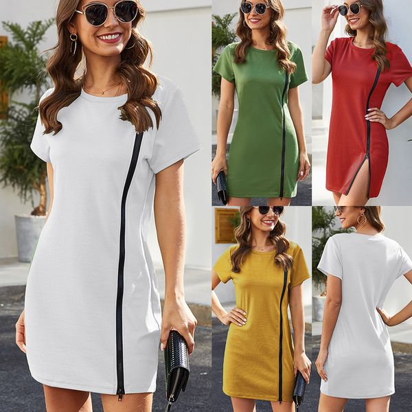 

2020 dress solid color round neck irregular long fund zipper dress