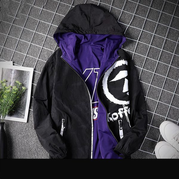 

reversible jacket students fashion letter pattern print casual coat men hooded thin outerwear 2019 spring autumn, Black;brown