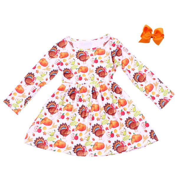 

осень / зима день благодарения дети девушки одежда молочный турция платье тыква лес платье бутик с длинным рукавом одежда с бантом, Red;yellow