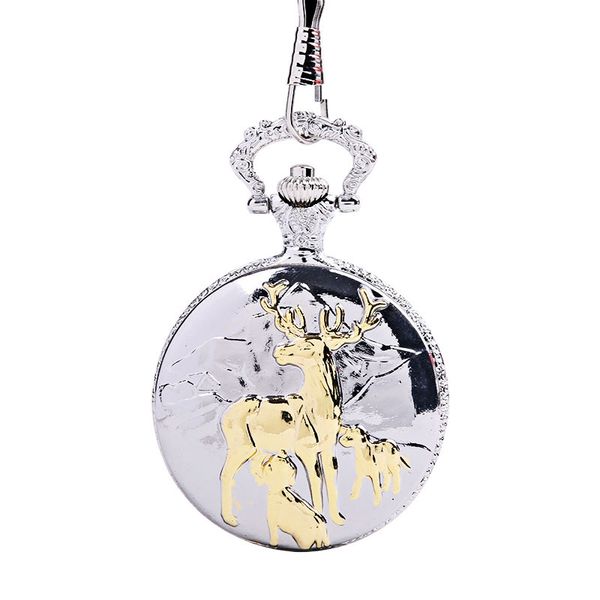 

vintage large thick chain relief three elk mother and child pocket watch cute deer drinking milk classical pocket watch, Slivery;golden