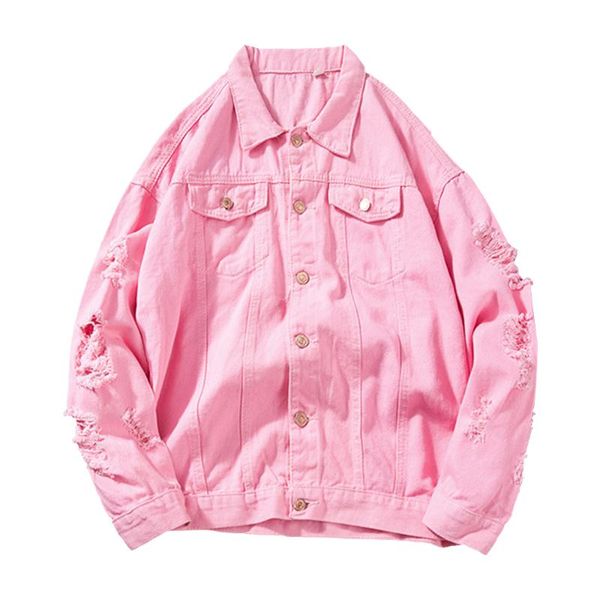 

denim jacket men ripped holes men's pink jean jackets new 2020 garment washed mens denim coat clothes men autumn fashion, Black;brown