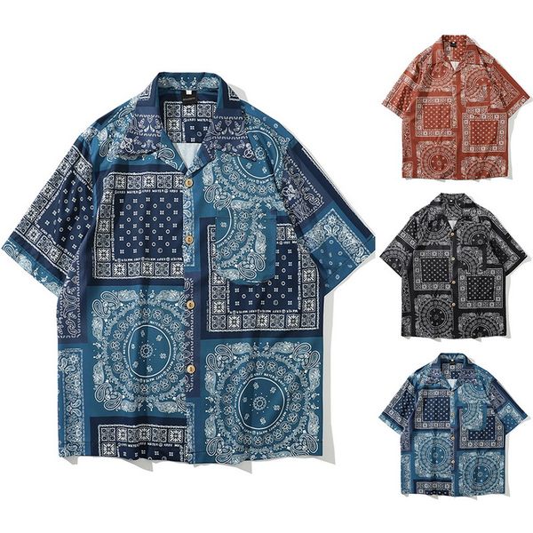 

mens streetwear vintage ethnic style printing hawaiian shirts retro patchwork loose short sleeve stand collar casual shirt plus, White;black