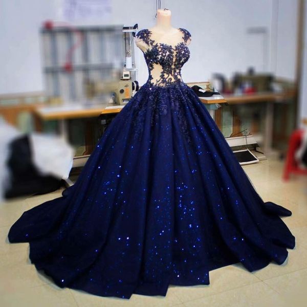 

sparkly navy sequined ball gown wedding dresses sheer bateau neck beaded bridal gowns sweep train appliqued plus size vestido de novia, White