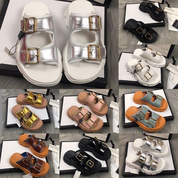 

designer womens slippers luxury black white pink golden platform metal button sandals summer fashion with box size 35-40