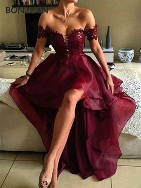 

burgundy high low evening dresses 2020 a-line princess sleeveless off-the-shoulder applique organza evening prom dresses, White;black