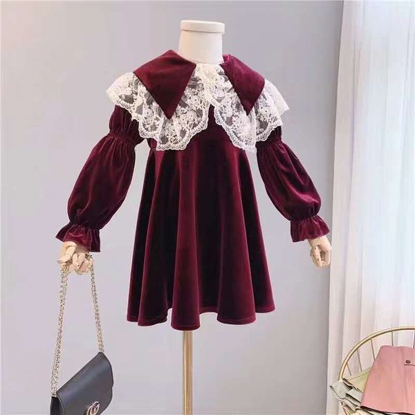 

2019 new children baby boutique velvet fleece lace dresses, girls princess elegant clothes 6 pcs/lot, wholesale, Red;yellow