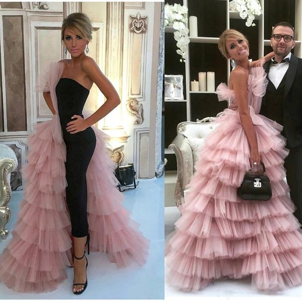 

chic layered ruffles tulle evening gowns strapless 2020 new cascading ruffle long formal celebrity party dress gorgeous pink prom gowns, Black;red