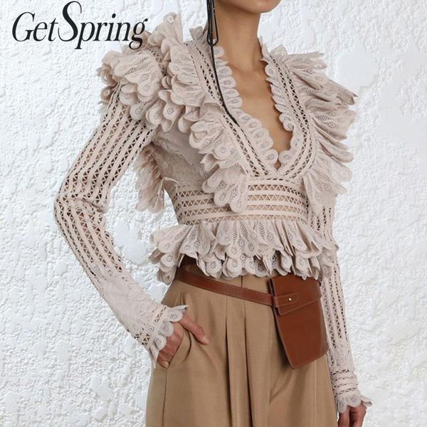 

getspring women shirt v-neck ruffles patchwork hollow out womens blouses pink white black vintage womens blouses 2019