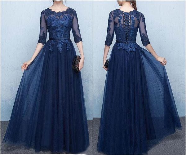 Azul marinho Mãe Lace da Noiva Vestidos com Half Sheer mangas Applique Lace-up Voltar Andar de comprimento vestidos de noite formais