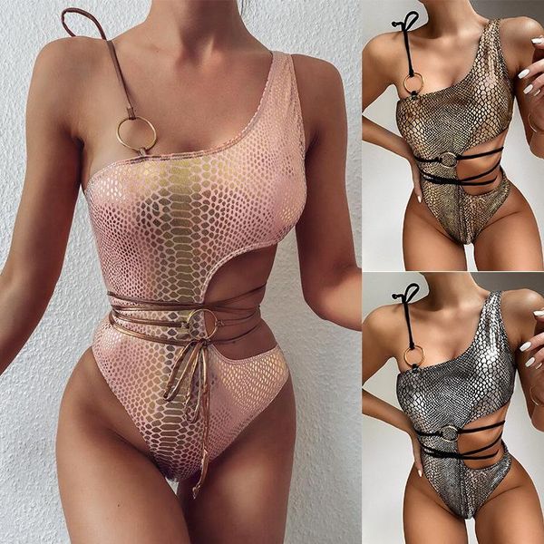 

2020 explosive bikini one-piece swimsuit new hollow one-shoulder bikini one-piece swimsuit snake pattern bikini b82 delivery, White;black