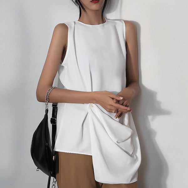 

2020 летняя нового рукавов танк топы женщина мода корейский стиль асимметричная дикая дама топы solid color хлопок, White