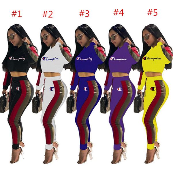 

women champion hoodies two piece outfits long sleeve hooded t shirt sweatshirt + lace up pants leggings tracksuit spring clothing set, White