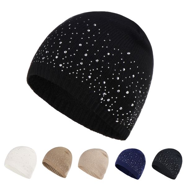 

warm casual skullies soft bonnet knitted cap leisure women beanie stretch elegant diamond decoration ladies solid autumn winter, Blue;gray