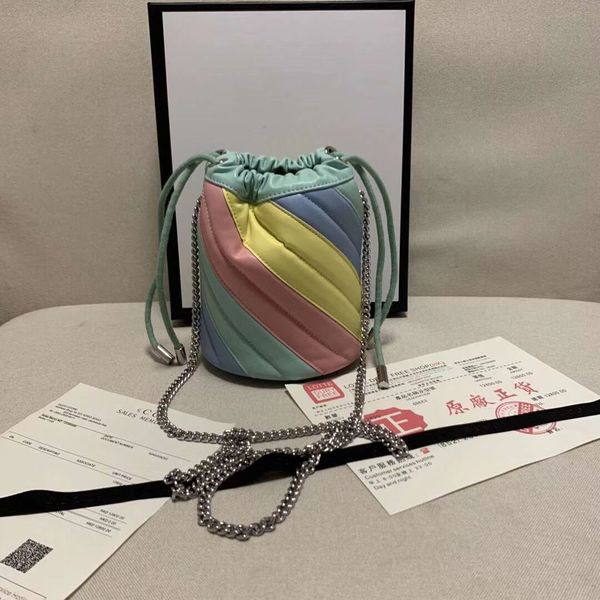 

deisgner famous mini rainbow bucket ladies letter pure color messenger bag shoulder bag cross body fashion chain cowhide leather cash sale