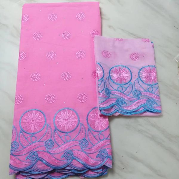 5Yards/PC Top sale pink african cotton fabric with nice pattern embroidery and 2yards blouse net lace set for dress BC54-8