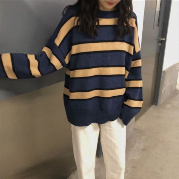

women pullover o-neck striped loose vintage chic korean style harajuku soft trendy sweatshirts women all-match, Black