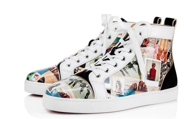 

2019 designer hand writting graffiti dress shoes spike casual walking hight cut party dress shoes red bottom sneaker luxury party leather, Black