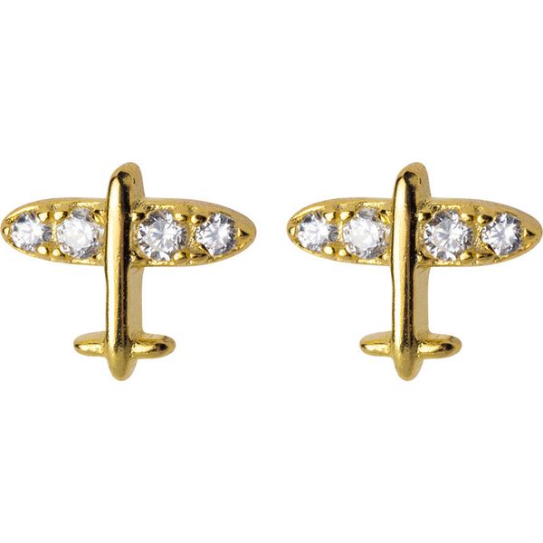 

100% 925 sterling silver aircraft plane stud earrings for women girls gifts cz zircon small airplane earring, Golden;silver